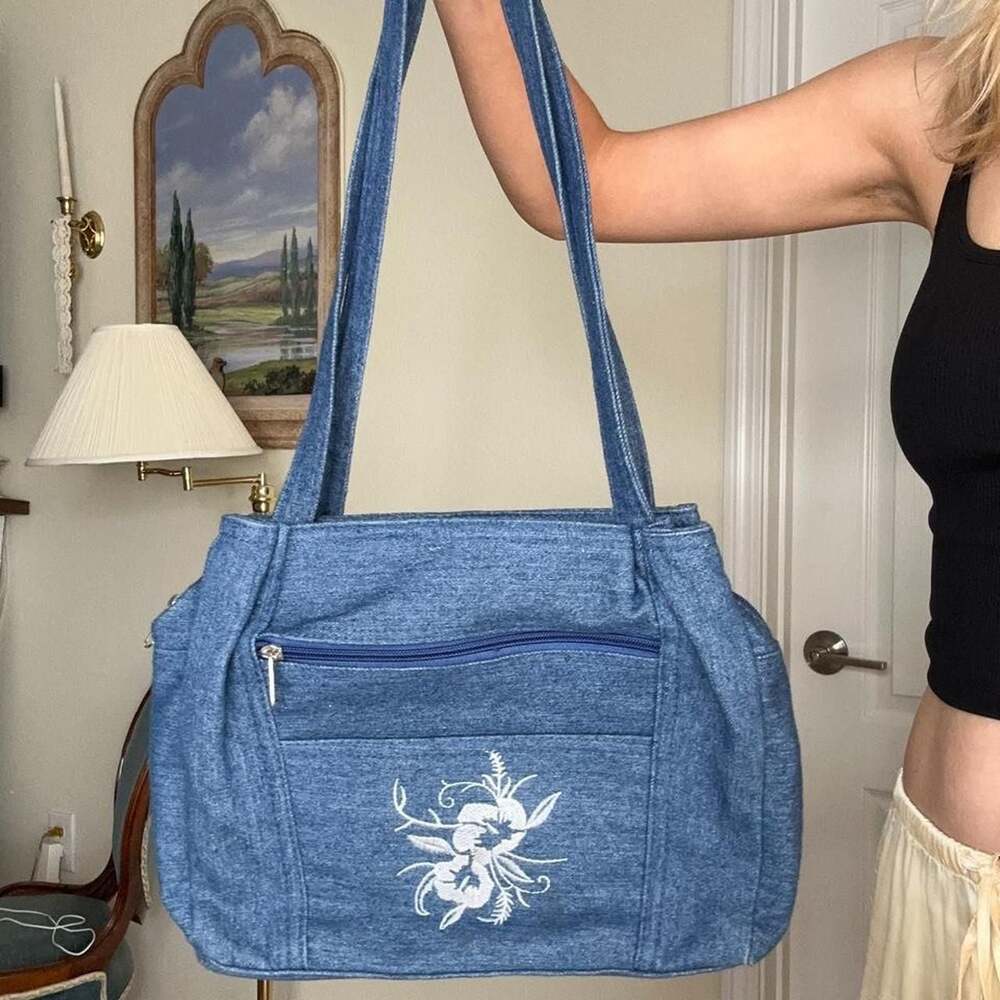 Floral Embroidered Denim Zippered Tote Bag